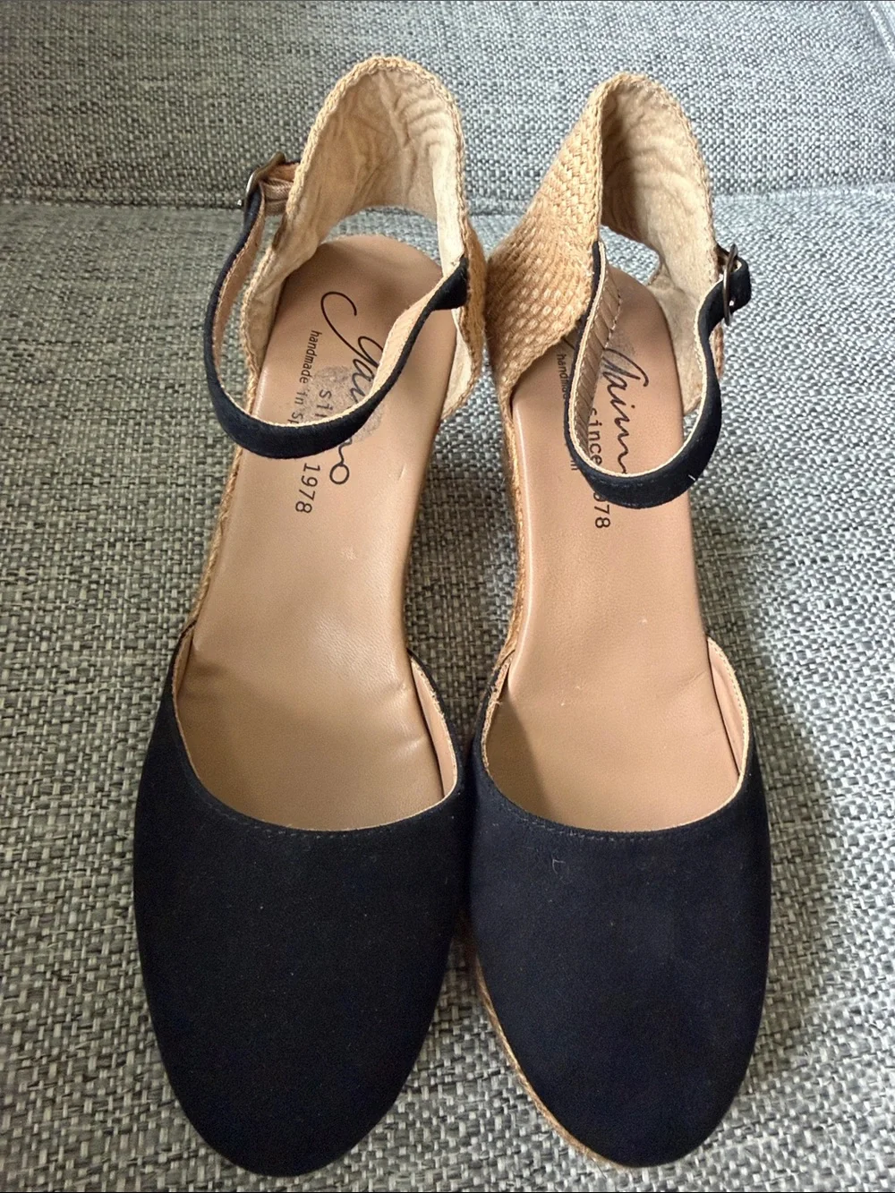 NEW Gaimo Spain Black Suede Ankle Strap Espadrille Wedges Boho Chic US 10 /EU 41